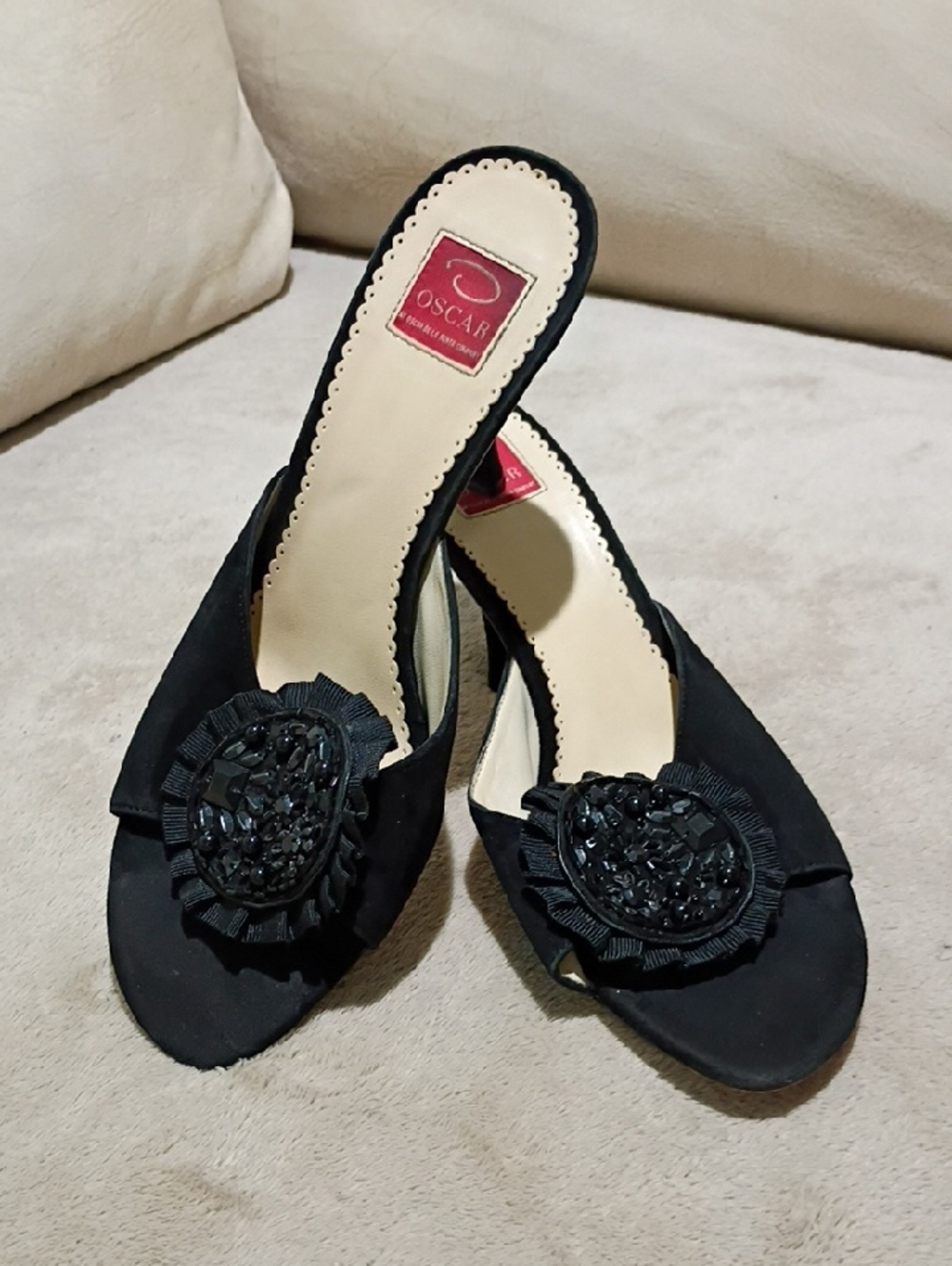 Oscar de la Renta Black Beaded Open-Toe Mules